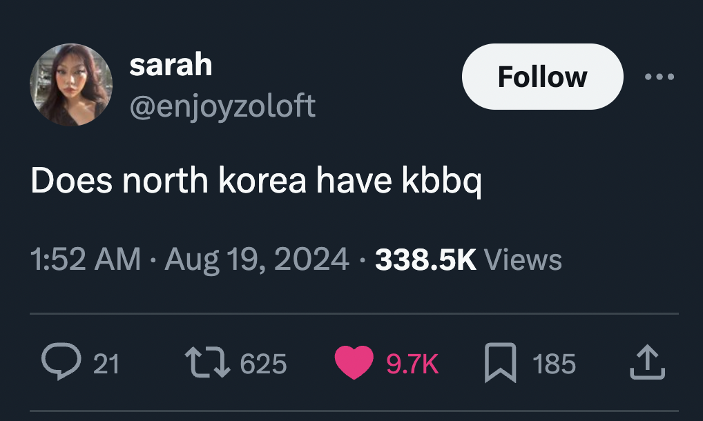 screenshot - sarah Does north korea have kbbq Views 21 17625 185